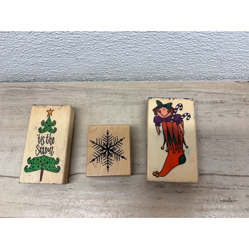 Set Of 3 Christmas Themed Wood Mounted Rubber Stamps